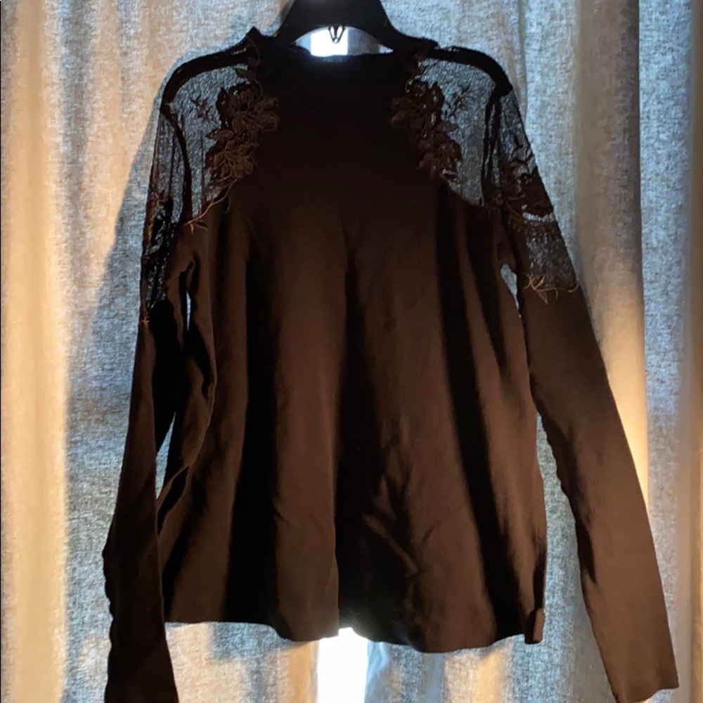 Free People Black ribbed shirt Lace cut out Size S